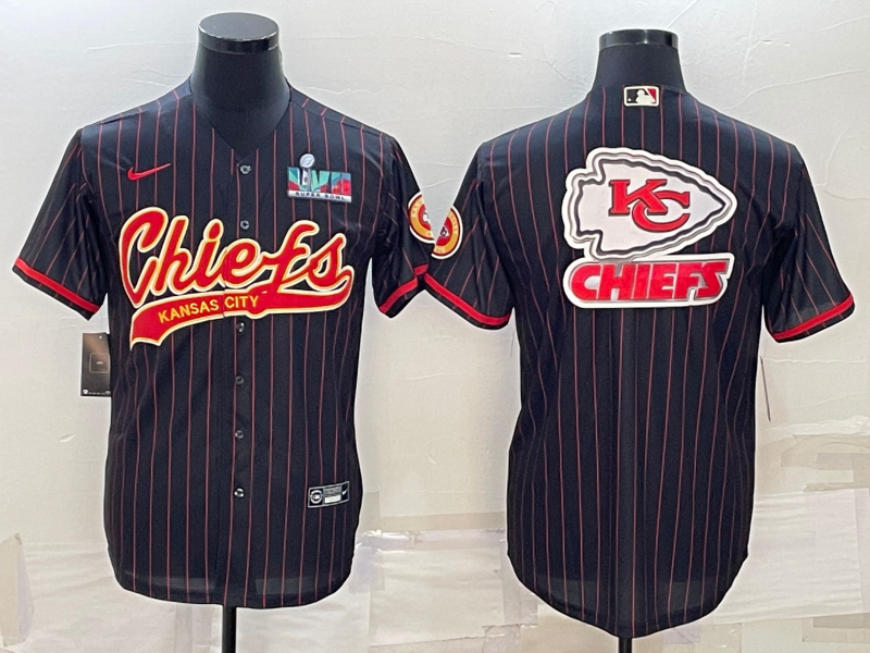 Men's Kansas City Chiefs Black Team Big Logo With Super Bowl LVII Patch Cool Base Stitched Baseball Jersey